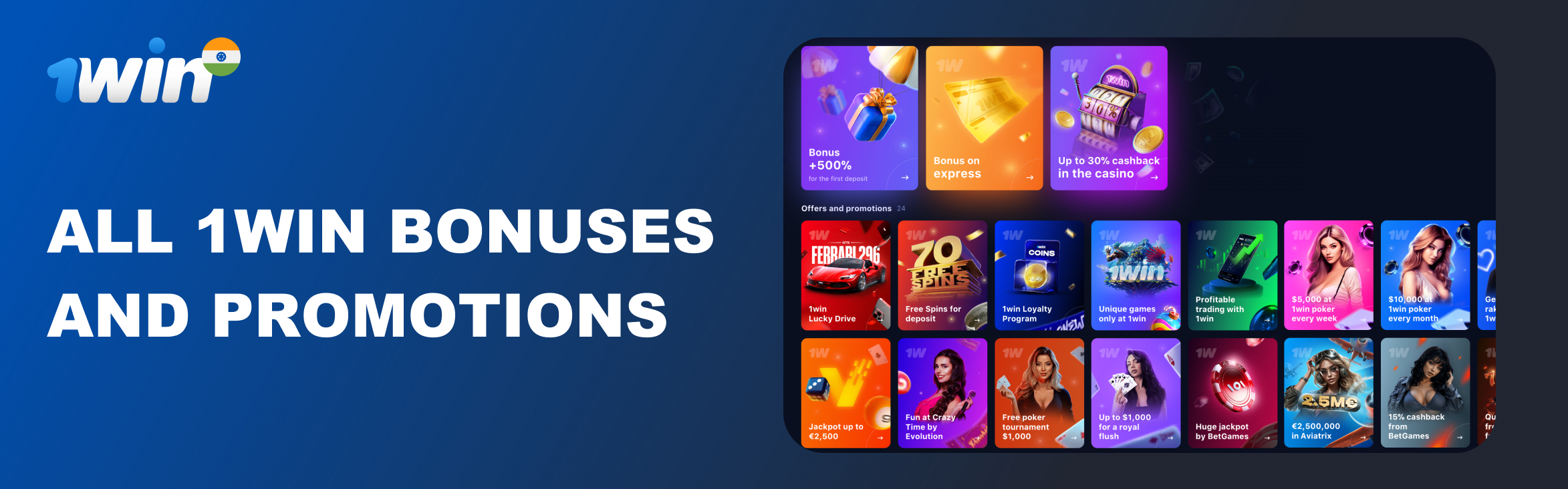Promotional banner showcasing 1win casino bonuses and tournament rewards