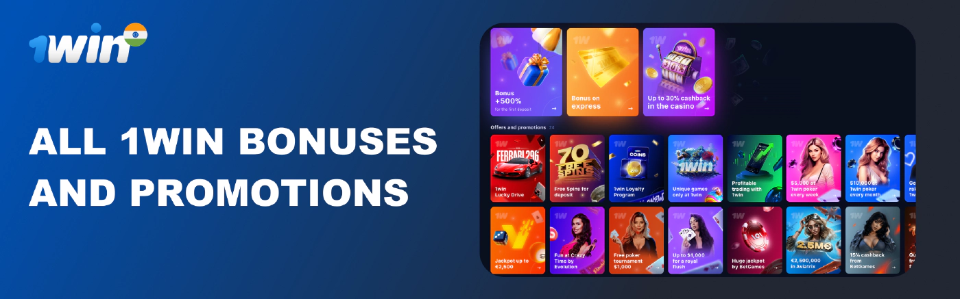 Promotional banner showcasing 1win casino bonuses and tournament rewards