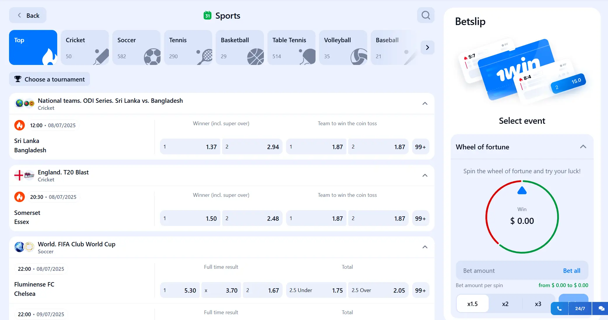 Selection of popular sports for Prematch Betting in India